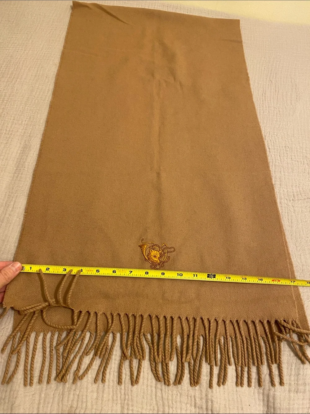 Polo by Ralph Lauren Cashmere Tan Fringed Wool Scarf with Embroidered Crest